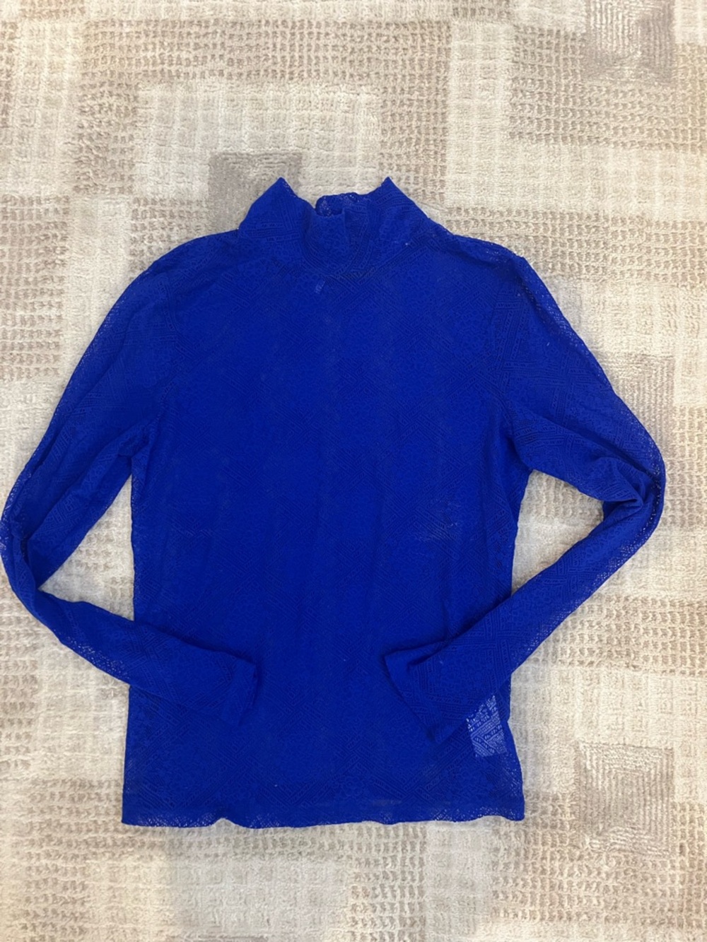 Anthropologie Bright Royal Blue Long Sleeve Mesh Turtleneck Top size Large